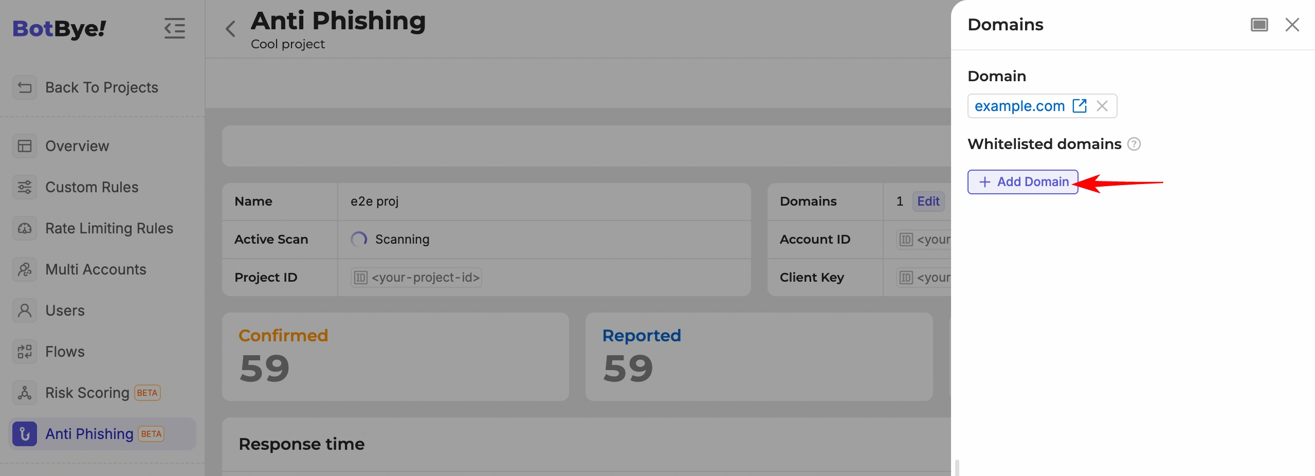 Domains panel with the Domain and Whitelisted domains sections