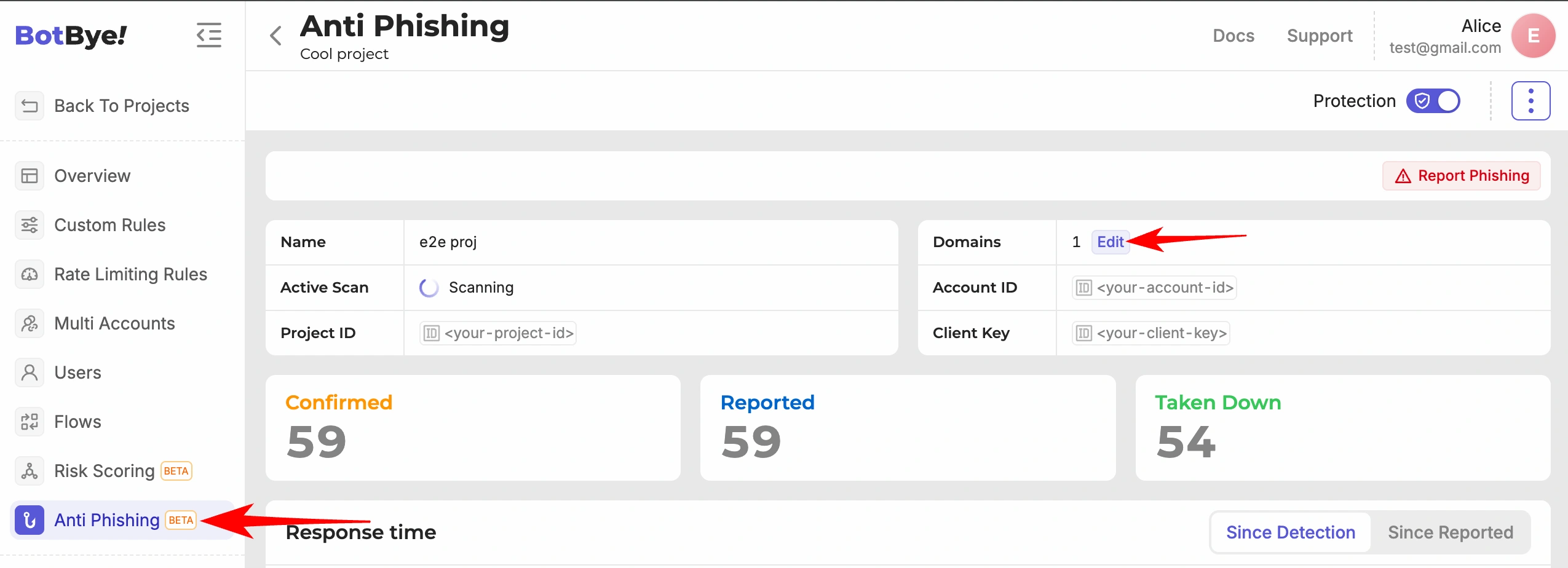 Project details with the Domains row and the Edit button