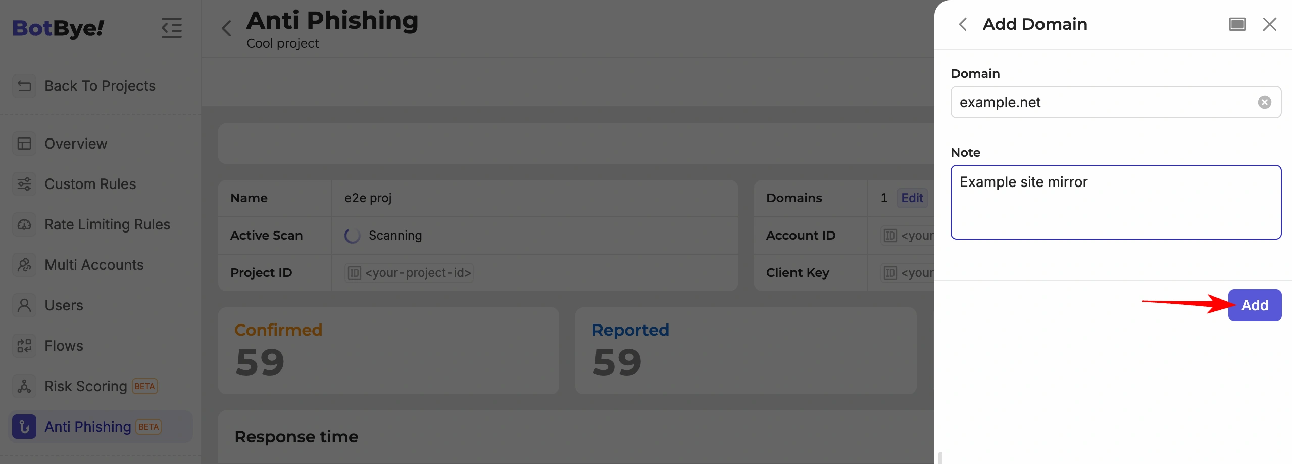 Add domain form with the Domain and Note fields